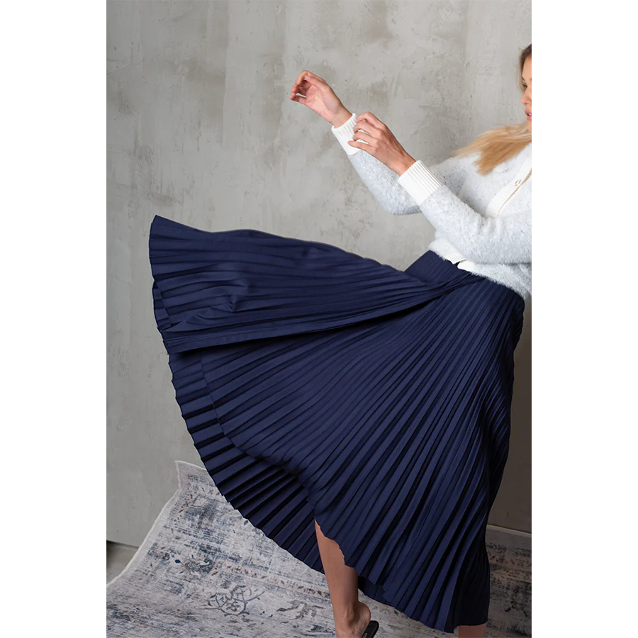 NAVY ASYMMENTRICAL SILK PLEATED SKIRT - Image 3
